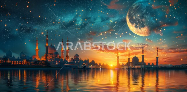 الفن الهندسي المعماري على الطراز الإسلامي الحديث للقبب والمآذن المضيئة ليلا في المملكة العربية السعودية ،منظر البدر في السماء المليئة بالسحب البيضاء وقت غروب الشمس ،مفهوم العبادة والتقرب الى الله ،مسجد عربي فاخر 