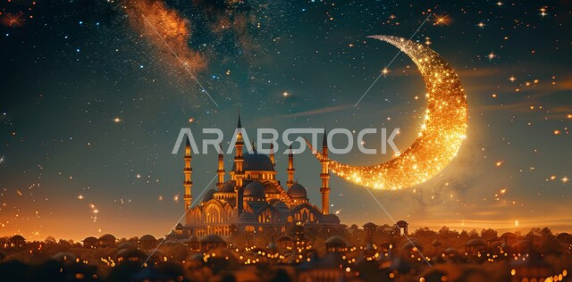 مفهوم العبادة والتقرب إلى الله ،رسوم توضيحية ثلاثية الأبعاد لمسجد في المملكة العربية السعودية ،منظر الهلال المضيء في السماء ،الفن الهندسي المعماري للقبب والمآذن على الطراز الإسلامي ،أداء الفرائض والصلوات
