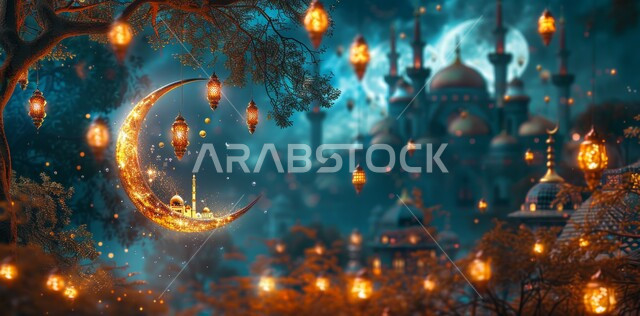 مفهوم العبادة والتقرب إلى الله ،رسوم توضيحية ثلاثية الأبعاد لمسجد في المملكة العربية السعودية ،منظر الهلال المضيء ،ديكورات وتصاميم متميزة على الطراز الإسلامي ،اضاءة وزينة شهر رمضان المبارك ،الفوانيس المعدنية المعلقة