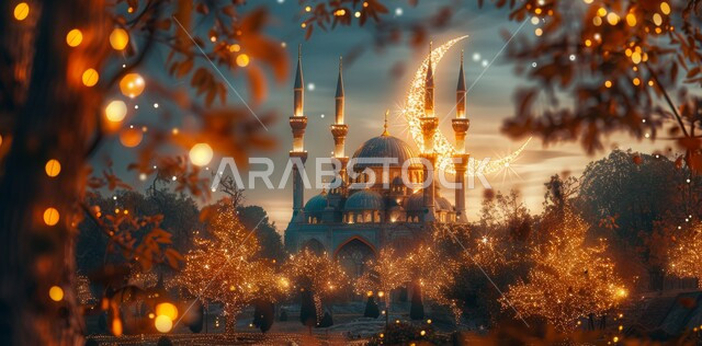 Lighting and decoration of the holy month of Ramadan, the concept of worship, obedience and drawing closer to God, 3D illustrations of a mosque in the Kingdom of Saudi Arabia, the view of the shining crescent in the sky, the architectural art of domes and minarets decorated in the Islamic style, performing religious duties and prayersاسل