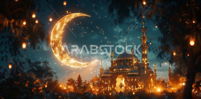 اضاءة وزينة شهر رمضان المبارك مفهوم العبادة والطاعة والتقرب إلى الله ،رسوم توضيحية ثلاثية الأبعاد لمسجد في المملكة العربية السعودية ،منظر الهلال المضيء في السماء ،الفن الهندسي المعماري للقبب والمآذن المزخرفة على الطراز الإسلامي ،أداء الفرائض والصلوات