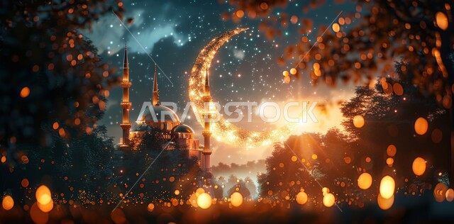 اضاءة وزينة شهر رمضان المبارك ،مفهوم العبادة والطاعة والتقرب إلى الله ،رسوم توضيحية ثلاثية الأبعاد لمسجد في المملكة العربية السعودية ،منظر الهلال المضيء في السماء ،الفن الهندسي المعماري للقبب والمآذن المزخرفة على الطراز الإسلامي ،أداء الفرائض والصلوات