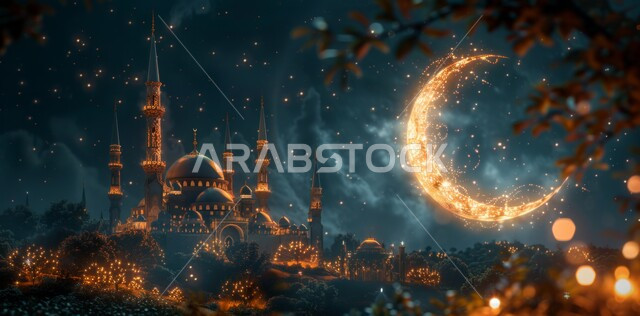 اضاءة وزينة شهر رمضان المبارك ،مفهوم العبادة والطاعة والتقرب إلى الله ،رسوم توضيحية ثلاثية الأبعاد لمسجد في المملكة العربية السعودية ،منظر الهلال المضيء في السماء ،الفن الهندسي المعماري للقبب والمآذن المزخرفة على الطراز الإسلامي ،أداء الفرائض والصلوات