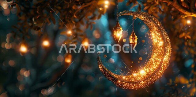الأجواء الروحانية الرمضانية ،مفهوم العبادة والطاعة والتقرب الى الله ،منظرهلال رمضان المضيء ،الفوانيس المعدنية المعلقة المزخرفة ،اضاءة وزينة شهر الخير ،الاحنفال بالمناسبات والأعياد الدينية الأسلامية 