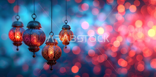 Celebrating religious occasions and holidays, the spiritual atmosphere of Ramadan, the concept of worship, obedience and drawing closer to God, illuminated decorative metal lanterns, decorations and ornaments in the Arab-Islamic style, joy and happiness with the arrival of the month of goodness