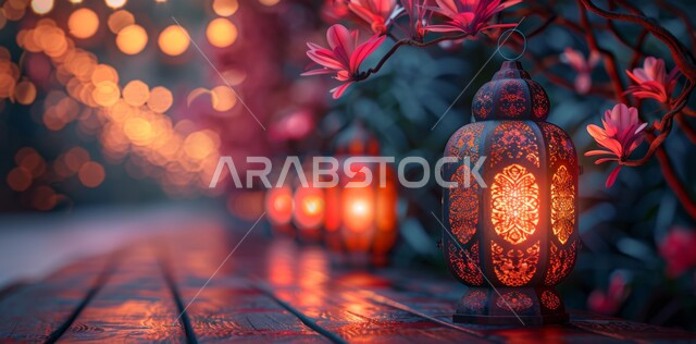 الأحنفال بالمناسبات والأعياد الدينية ،الأجواء الروحانية الرمضانية ،مفهوم العبادة والطاعة والتقرب الى الله ،الفوانيس المعدنية المزخرفة المضاءة ،زينة وديكورات على الطراز العربي الإسلامي ،السرور والبهجة بقدوم شهر الخير 