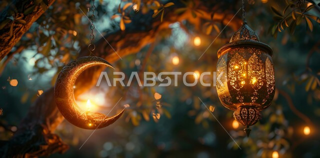 زينة وديكورات على الطراز العربي الإسلامي  ،الأحنفال بالمناسبات والأعياد الدينية ،الأجواء الروحانية الرمضانية ،مفهوم العبادة والطاعة والتقرب الى الله ،الفانوس المعدني المزخرف المضيء ،السرور والبهجة بقدوم شهر الخير ،منظر الهلال المعلق