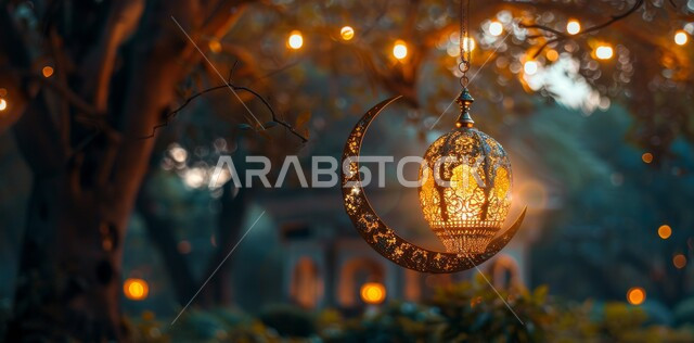 زينة وديكورات على الطراز العربي الإسلامي  ،الأحنفال بالمناسبات والأعياد الدينية ،الأجواء الروحانية الرمضانية ،مفهوم العبادة والطاعة والتقرب الى الله ،الفانوس المعدني المزخرف المضيء ،السرور والبهجة بقدوم شهر الخير ،منظر الهلال المعلق