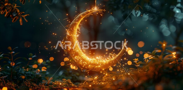 مفهوم العبادة والطاعة والتقرب الى الله ،زينة وديكورات على الطراز العربي الإسلامي  ،الأحنفال بالمناسبات والأعياد الدينية ،الأجواء الروحانية الرمضانية ،السرور والبهجة بقدوم شهر الخير ،منظر الهلال المعلق المضيء في الليل