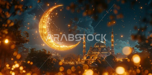 مفهوم العبادة والتقرب إلى الله ،رسوم توضيحية ثلاثية الأبعاد لمسجد في المملكة العربية السعودية ،منظر الهلال المضيء ،الفن الهندسي المعماري للقبب والمآذن على الطراز الإسلامي ،اضاءة وزينة شهر رمضان المبارك