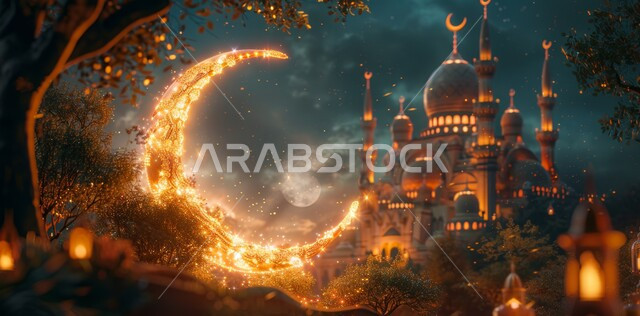 مفهوم العبادة والتقرب إلى الله ،رسوم توضيحية ثلاثية الأبعاد لمسجد في المملكة العربية السعودية ،منظر الهلال المضيء ،الفن الهندسي المعماري للقبب والمآذن على الطراز الإسلامي ،اضاءة وزينة شهر رمضان المبارك