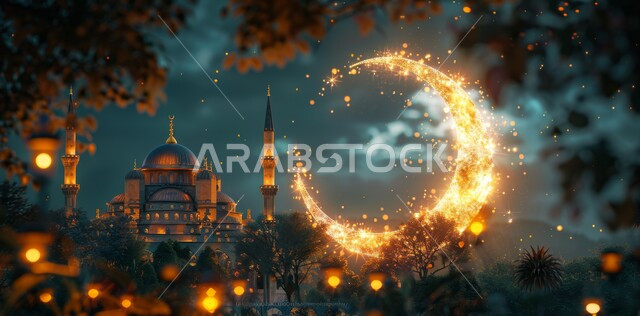 مفهوم العبادة والتقرب إلى الله ،رسوم توضيحية ثلاثية الأبعاد لمسجد في المملكة العربية السعودية ،منظر الهلال المضيء في السماء ،الفن الهندسي المعماري للقبب والمآذن على الطراز الإسلامي ،اضاءة وزينة شهر رمضان المبارك ،الفوانيس العربية المزخرفة ،