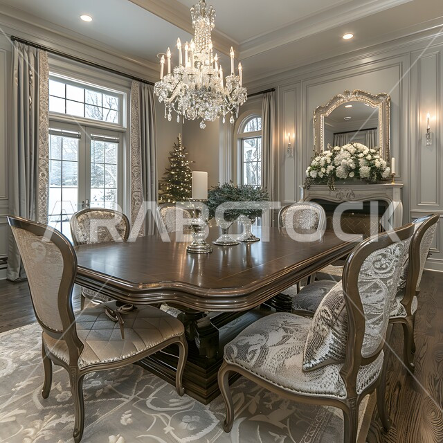 غرفة سفرة بتصاميم كلاسيكية راقية، ديكورات منزلية داخلية حديثة لغرف الطعام، استخدام الطراز الفني الانيق في الاثاث المنزلي، الفنون الهندسية في تصميم طاولة الطعام، شقق وفلل سكنية في المملكة العربية السعودية، نوافذ زجاجية كبيرة