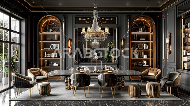 غرفة سفرة بتصاميم راقية، ديكورات منزلية داخلية حديثة لغرف الطعام، استخدام الطراز الفني الانيق في الاثاث المنزلي، الفنون الهندسية في تصميم طاولة الطعام الضخمة، شقق وفلل سكنية في المملكة العربية السعودية، واجهات زجاجية كبيرة