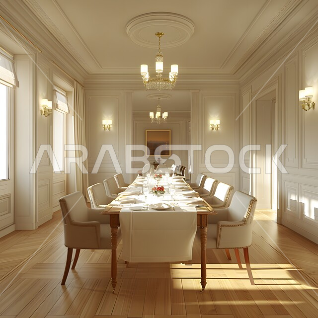 Architectural art in dining table design, dining room with elegant classic designs, modern interior home decorations for dining rooms, using elegant artistic style in home furniture, residential apartments and villas in the Kingdom of Saudi Arabia