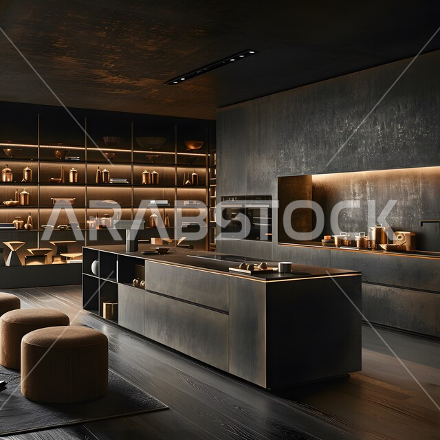 تصميم داخلي لمطبخ باللون الأسود على الطراز الحديث, الديكورات العصرية للمطابخ الفاخرة في المملكة العربية السعودية، الأضواء المعلقة وتناسق الألوان, أثاث منزلي راقي، شقق وفلل سكنية مميزة