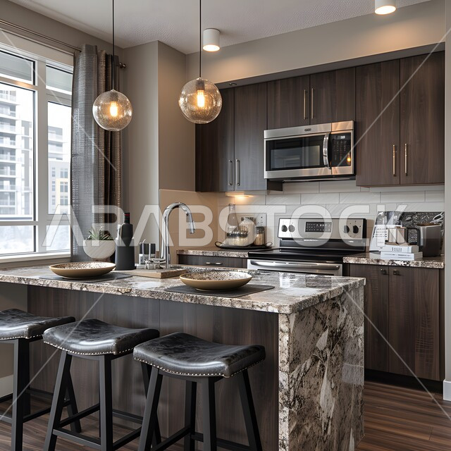 الديكورات العصرية للمطابخ الفاخرة في المملكة العربية السعودية، تصميم داخلي لمطبخ رخامي على الطراز الحديث, الأضواء المعلقة وتناسق الألوان, أثاث منزلي راقي، شقق وفلل سكنية مميزة