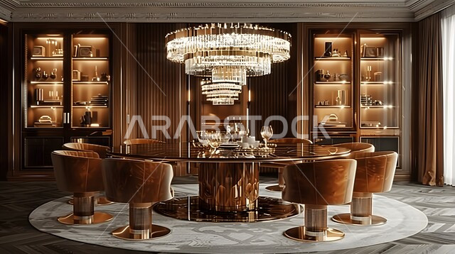 Architectural arts in dining table design, dining room with elegant designs, modern interior home decorations for dining rooms, using elegant artistic style in home furniture, residential apartments and villas in Saudi Arabia