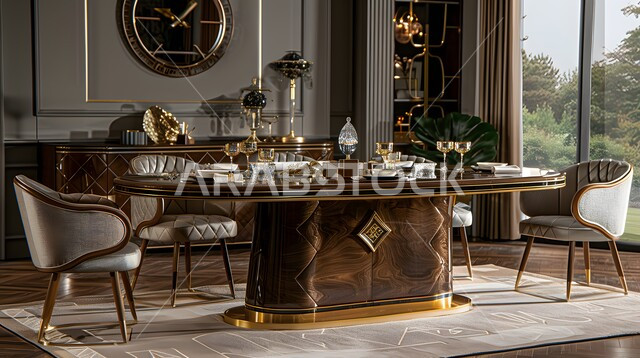 ديكورات منزلية داخلية حديثة لغرف الطعام، الفنون الهندسية في تصميم طاولة الطعام، غرفة سفرة بتصاميم راقية، استخدام الطراز الفني الانيق في الاثاث المنزلي، شقق وفلل سكنية في المملكة العربية السعودية
