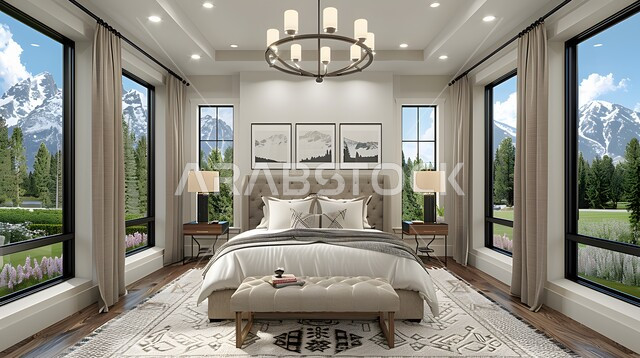 Modern interior designs and decorations, white bedroom with modern designs, distinctive residential apartments and villas, rooms with elegant and upscale home furniture, luxury hotels and resorts in the Kingdom of Saudi Arabia, huge glass facades