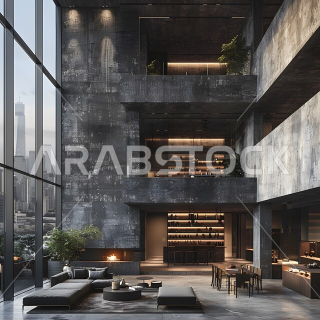 Modern contemporary design living room, interior design of homes and houses in black, elegant interior furniture and home accessories, luxury residential apartments and villas, hotels and resorts with high-end decorations in the Kingdom of Saudi Arabia