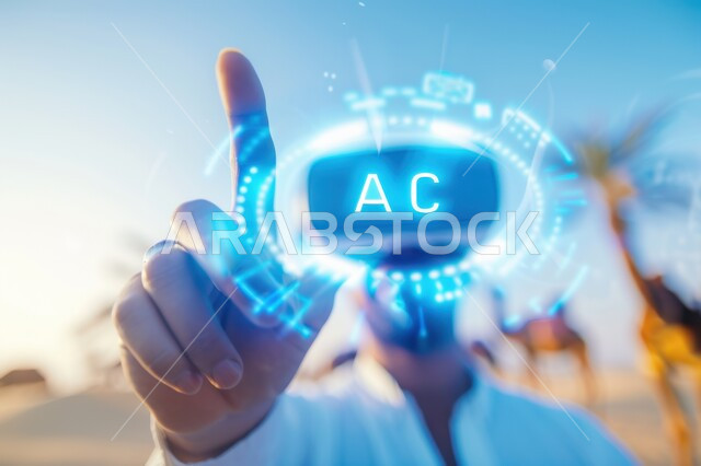 محاولة لمس المكونات الخيالية الهولوجرامية ثلاثية الأبعاد، التفاعل والاندماج مع الواقع الافتراضي، الأجهزة التكنولوجية والتقنيات الحديثة، الشعور بالمتعة والتسلية بمحاكاة العالم الخيالي, رجل عربي خليجي سعودي يرتدي الثوب التقليدي والغترة ويضع نظارة الفي آر