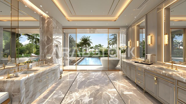 الفن الهندسي المعماري للفلل والمنازل الراقية، الحمام الداخلي الحديث باللون الأبيض، ديكورات وتصاميم فاخرة وأحواض الاستحمام في الشقق السياحية، دورة مياه رخاميه أنيقة في أحد المباني السكنيه