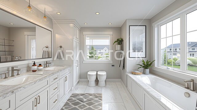 دورة مياه رخاميه أنيقة في أحد المباني السكنيه، الفن الهندسي المعماري للفلل والمنازل الراقية، الحمام الداخلي الحديث باللون الأبيض، ديكورات وتصاميم فاخرة وأحواض الاستحمام في الشقق السياحية