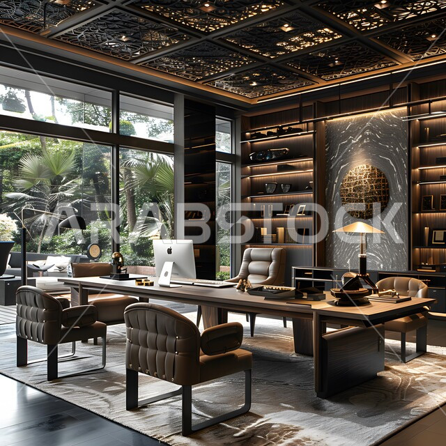 غرفة مكتبية بتصاميم عصرية باللون البني، ديكورات على الطراز الحديث في المملكة العربية السعودية، أثاث واكسسوارات مكتبية أنيقة، شقق وفلل سكنية راقية، واجهات زجاجية كبيرة، غرف بأثاث منزلي أنيق وراقي