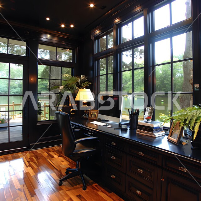 غرفة مكتبية بتصاميم عصرية باللون الأسود، ديكورات على الطراز الحديث في المملكة العربية السعودية، أثاث واكسسوارات مكتبية أنيقة، شقق وفلل سكنية راقية، واجهات زجاجية كبيرة، غرف بأثاث منزلي أنيق وراقي