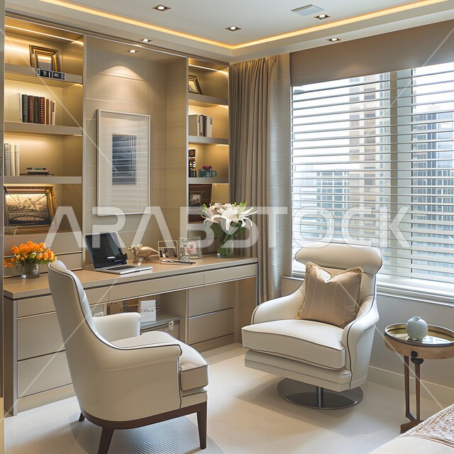 تجهيزات مكتبية حديثة بأثاث أنيق ومريح، تصميم عصري لمكاتب شركات المملكة العربية السعودية, تصاميم داخلية وديكورات راقية على الطراز الحديث, واجهات زجاجية في مكتب العمل، مكتبه مليئة بالروايات والكتب