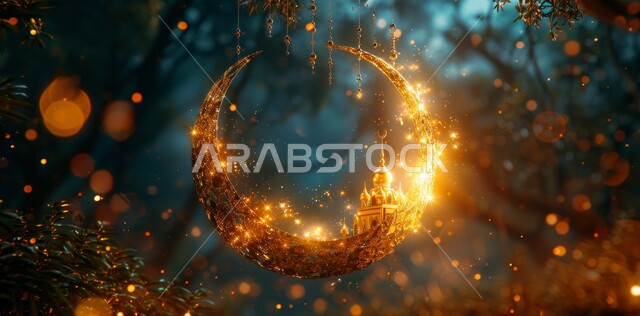 زينة وديكورات على الطراز العربي الإسلامي  للأعياد والمناسبات الدينية ,مفهوم العبادة والطاعة والتقرب إلى الله ،منظر الهلال  المضيء  ،اضاءة وزينة شهر رمضان المبارك  ، الأجواء الرمضانية الروحانية 