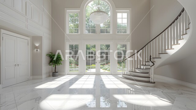 Luxury villas and apartments, interior decoration of the reception department, contemporary interior artistic designs, modern elegant decorations, lobby of a hotel in the Kingdom of Saudi Arabia, large glass facades