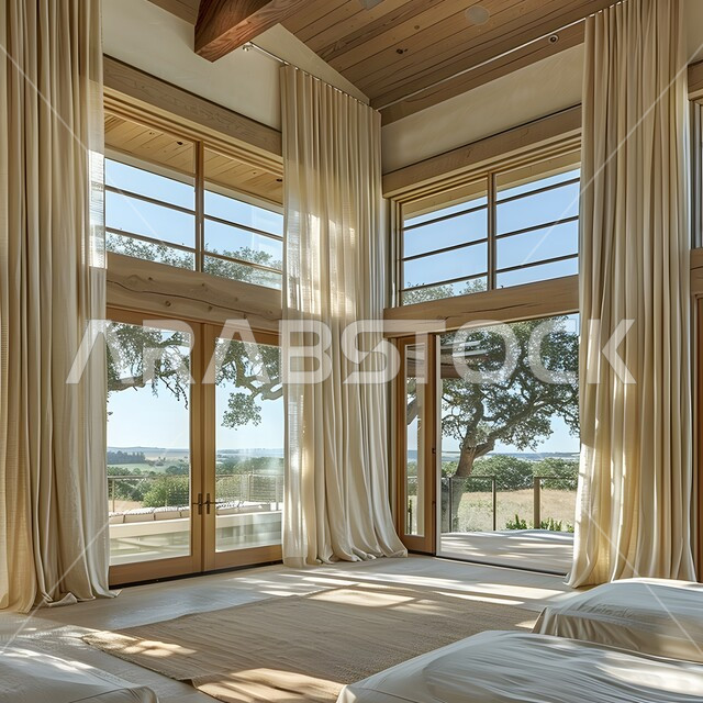 تصميمات وديكورات داخلية حديثة، غرفة نوم بتصاميم عصرية فاخرة وعدة أسرة مريحة، شقق وفلل سكنية، غرف بأثاث منزلي راقي باللون الأبيض ونوافذ زجاجية كبيرة، فنادق ومنتجعات فاخرة