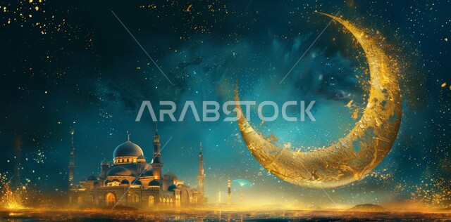منظر الهلال المضيء في وقت الليل ،اضاءة وزينة شهر الخير ،الاحتفال بالاعياد والمناسبات الدينية ،مفهوم العبادة والطاعة والتقرب الى الله ،الفن الهندسي المعماري لبناء المساجد على الطراز الإسلامي في المملكة العربية السعودية