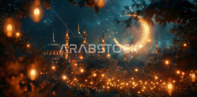 منظر الهلال المضيء في وقت الليل ،اضاءة وزينة شهر الخير ،الاحتفال بالاعياد والمناسبات الدينية ،مفهوم العبادة والطاعة والتقرب الى الله ،الفن الهندسي المعماري لبناء المساجد على الطراز الإسلامي في المملكة العربية السعودية