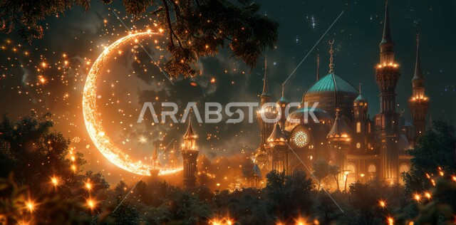 منظر الهلال المضيء في وقت الليل ،اضاءة وزينة شهر الخير ،الاحتفال بالاعياد والمناسبات الدينية ،مفهوم العبادة والطاعة والتقرب الى الله ،الفن الهندسي المعماري لبناء المساجد على الطراز الإسلامي في المملكة العربية السعودية