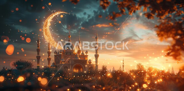 الاحتفال بالاعياد والمناسبات الدينية  ،منظر الهلال وقت غروب الشمس ،اضاءة وزينة شهر الخير ،مفهوم العبادة والطاعة والتقرب الى الله ،الفن الهندسي المعماري لبناء المساجد على الطراز الإسلامي في المملكة العربية السعودية ،الفوانيس المعدنية المزخرفة