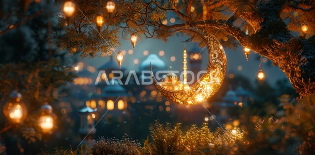 الاحتفال بالاعياد والمناسبات الدينية  ،منظر الهلال المضيء في وقت الليل ،اضاءة وزينة شهر الخير ،مفهوم العبادة والطاعة والتقرب الى الله ،الفن الهندسي المعماري لبناء المساجد على الطراز الإسلامي في المملكة العربية السعودية ،الفوانيس المعدنية المزخرفة
