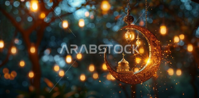 زينة وديكورات على الطراز العربي الإسلامي للاحتفال بالاعياد والمناسبات الدينية  ،منظر الهلال المضيء في وقت الليل ،مفهوم العبادة والطاعة والتقرب الى الله ،الفوانيس المعدنية المزخرفة ،السرور والبهجة بقدوم شهر الخير