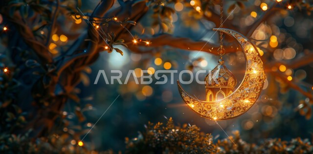 زينة وديكورات على الطراز العربي الإسلامي للاحتفال بالاعياد والمناسبات الدينية  ،منظر الهلال المضيء في وقت الليل ،مفهوم العبادة والطاعة والتقرب الى الله ،الفوانيس المعدنية المزخرفة ،السرور والبهجة بقدوم شهر الخير