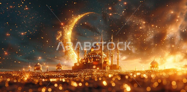 منظر الهلال في السماء المليئة بالسحب البيضاء وقت غروب الشمس ،الفن الهندسي المعماري على الطراز الحديث للقبب والمآذن المضيئة ليلا في المملكة العربية السعودية , مفهوم العبادة والتقرب الى الله ،مسجد عربي فاخر 