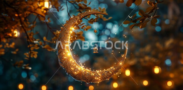 زينة وديكورات على الطراز العربي الإسلامي  ،الاحنفال بالمناسبات والأعياد الدينية ،الأجواء الروحانية الرمضانية ،مفهوم العبادة والطاعة والتقرب الى الله ،الفوانيس المعدنية المزخرفة  ،السرور والبهجة بقدوم شهر الخير ،منظر الهلال المضيء