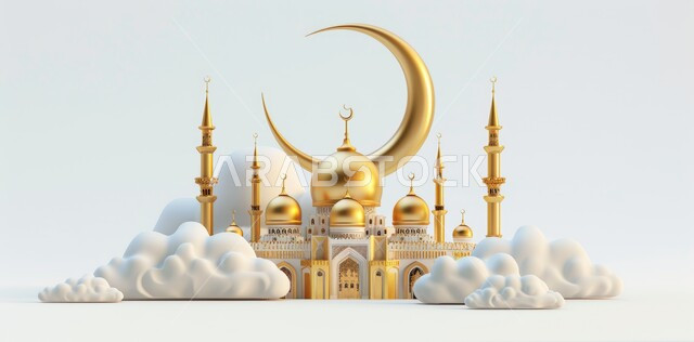 تصاميم وتحف إسلامية ،الاجتهاد في العبادة والتقرب الى الله تعالى، آداء الصلوات والفرائض، مجسم ثلاثي الابعاد لمسجد مع قبب ومآذن باللون الذهبي وهلال، ديكورات متميزة على الطراز الإسلامي الحديث، الاحتفال بالمناسبات والأعياد الدينية، خلفية بيضاء