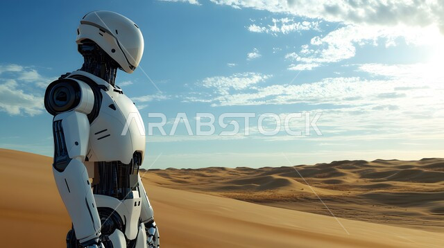 تحقيق الثورة الصناعية، الابتكار والعلوم وتكنولوجيا الذكاء الاصطناعي، التطور التكنولوجي على كوكب الأرض,صورة مقربة لروبوت متقدم بتصميم حديث يقف في صحراء المملكة, رؤية سعودية مستقبلية 2030, خلفية الرمال الذهبية الناعمه في البيئة الصحراوية في وقت النهار