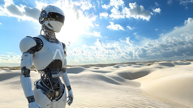 تحقيق الثورة الصناعية، الابتكار والعلوم وتكنولوجيا الذكاء الاصطناعي، التطور التكنولوجي على كوكب الأرض,صورة مقربة لروبوت متقدم بتصميم حديث يقف في صحراء المملكة, رؤية سعودية مستقبلية 2030, خلفية الرمال الذهبية الناعمه في البيئة الصحراوية في وقت النهار