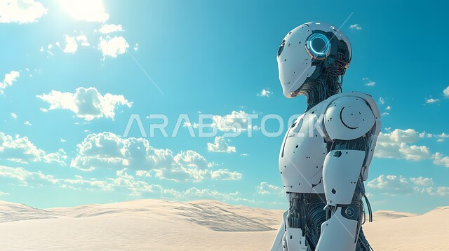 تحقيق الثورة الصناعية، الابتكار والعلوم وتكنولوجيا الذكاء الاصطناعي، التطور التكنولوجي على كوكب الأرض,صورة مقربة لروبوت متقدم بتصميم حديث يقف في صحراء المملكة, رؤية سعودية مستقبلية 2030, خلفية الرمال الذهبية الناعمه في البيئة الصحراوية في وقت النهار