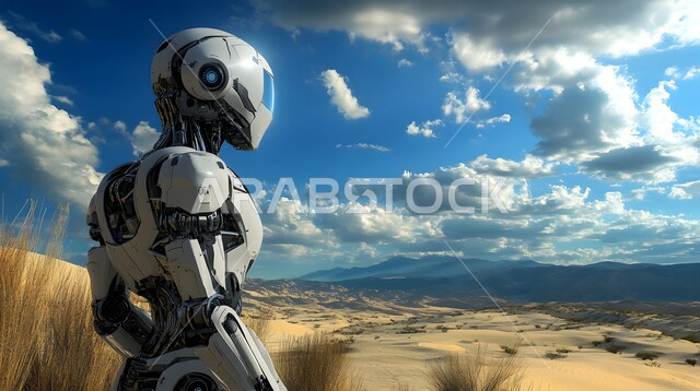 Technological development on planet Earth, close-up of an advanced robot with a modern design standing in the desert of the Kingdom, Saudi Vision 2030, background of soft golden sand in the desert environment during the day, achieving the industrial revolution, innovation, science and artificial intelligence technology
