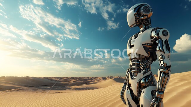 التطور التكنولوجي على كوكب الأرض,صورة مقربة لروبوت متقدم بتصميم حديث يقف في صحراء المملكة, رؤية سعودية مستقبلية 2030, خلفية الرمال الذهبية الناعمه في البيئة الصحراوية في وقت النهار،  تحقيق الثورة الصناعية، الابتكار والعلوم وتكنولوجيا الذكاء الاصطناعي