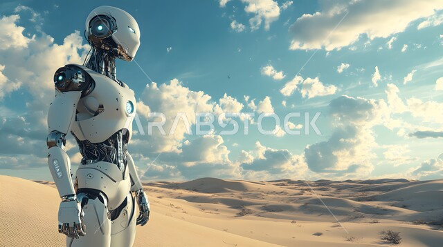 تحقيق الثورة الصناعية، الابتكار والعلوم وتكنولوجيا الذكاء الاصطناعي، التطور التكنولوجي على كوكب الأرض,صورة مقربة لروبوت متقدم بتصميم حديث يقف في صحراء المملكة, رؤية سعودية مستقبلية 2030, خلفية الرمال الذهبية الناعمه في البيئة الصحراوية في وقت النهار